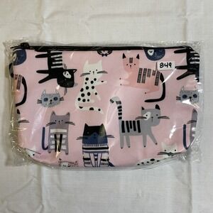 The Pouch Cosmetic Bag Women Small Pink NWT Cat Print Zipper Travel Pouch 8x5